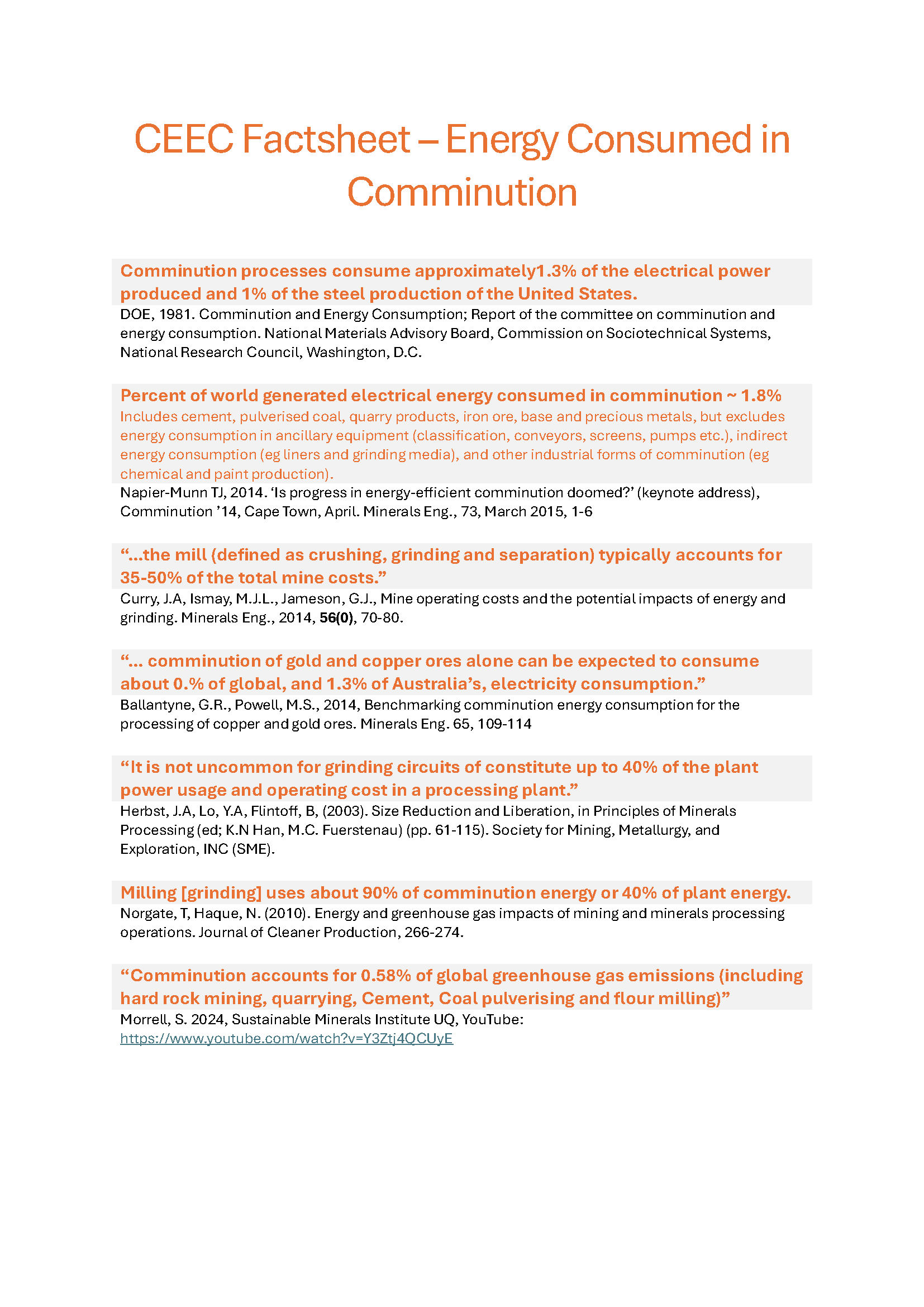 CEEC Factsheet - Energy Consumed in Comminution